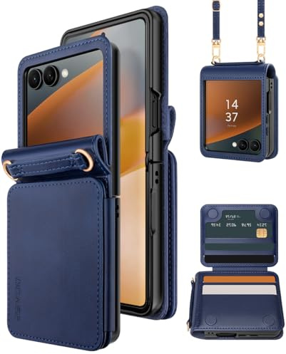 OCASE Hüllel für Samsung Galaxy Z Flip7 mit Band Leder Blau | 4 Kartenfächer Stoßfeste, Klappbar Flip 7 Handyhülle Schutzhülle Handykette Tasche Umhängen Neueste