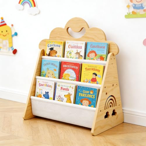 Montessori Kinder Bücherregal Holz, Offenes Frontbücherregal für Kinderzimmer & Leseecke, Tragbare Bücherkiste mit Griffen, Kinderbücherregal für Babyzimmer, Kindergarten & Klassenzimmer