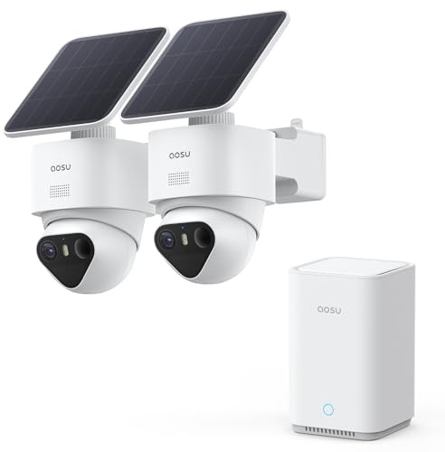 aosu 4K T2 Ultra Camera Surveillance WiFi Exterieure sans Fil Solaire, 2 Cam-Kit & aosuBase 2.0, 8MP Vision Nocturne, sans Abonnement, 32 Go Local & 1 to Extensible, 360° Panorama Suivi IA, 5G/2,4G