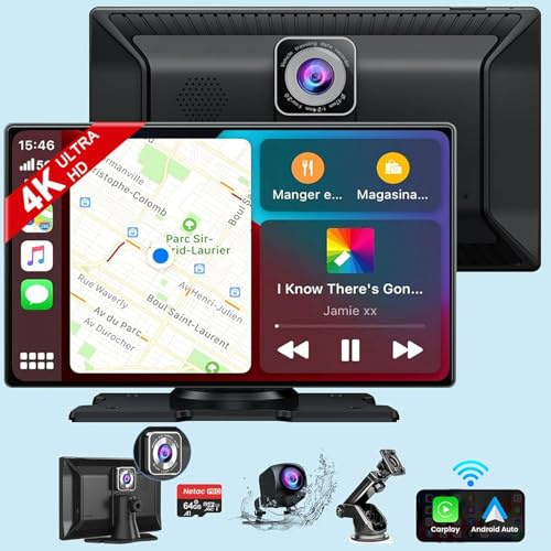 Android Auto Car Screen & Wireless CarPlay,9 Inch Wireless Car Stereo with 4K Dash Cam/1080P Backup Camera,Bluetooth CarPlay Player with GPS/AUX/FM/64G SD Card Touchscreen Radio Receiver