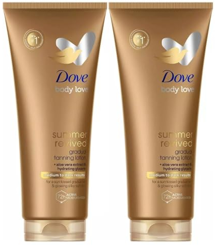 Dove Derma Spa Summer Revived Medium to Dark Skin Body Lotion, Tanning Moisturiser, Gradual Tan Moisturiser, Skinny, Self, Face with Aloe Vera Extract and Hydrating Glycerin (Pack of 2)