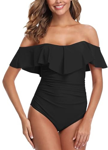 ZINPRETTY Maillot de Bain rétro Une pièce pour Femme - Contrôle du Ventre - Épaules dénudées - Monokini à Volants