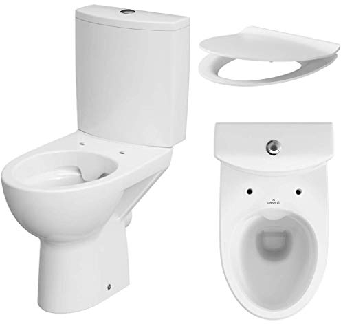 VBChome Keramik Stand- WC Toilette Komplett -Design- Set mit Spülkasten WC- Sitz Slim aus Duroplast mit Absenkautomatik SoftClose-Funktion für waagerechten Abgang Wasseranschluss Spülrandlos