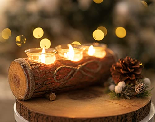 HomeZone Rustic Log Christmas Tealight Holder - Wood Finish Candle Holders with 3 Glass Tea Light Cups - Festive Table Decoration for Dining Table & Home Decoration - Glass Candle Holder