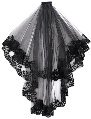 Brautschleier Schwarz Halloween Schleier Spitze Witwenschleier mit Kamm Haarschmuck Ellenbogen Länge Haarreif Party Dekoration Gothic Hexen Kostüm Accessoires für Karneval Fasching Cosplay