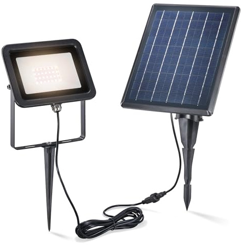 Esotec Solarstrahler Gartenstrahler Power Flood Garten, Solar Spot 102701 | Solarstrahler, Wand-/Bodenmontage, LED 3000K 150lm warmweiß, 5Wp Solarmodul, LiFePO4 Akku wechselbar, IP54, Metallgehäuse