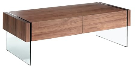Angel Cerdá – Mesa Centro Diseño con Laterales de Cristal y Tapa de Nogal | Mesa de Centro Rectangular con Almacenaje | Patas de Cristal | Ideal para Salón | 127 x 59 x 41 cm