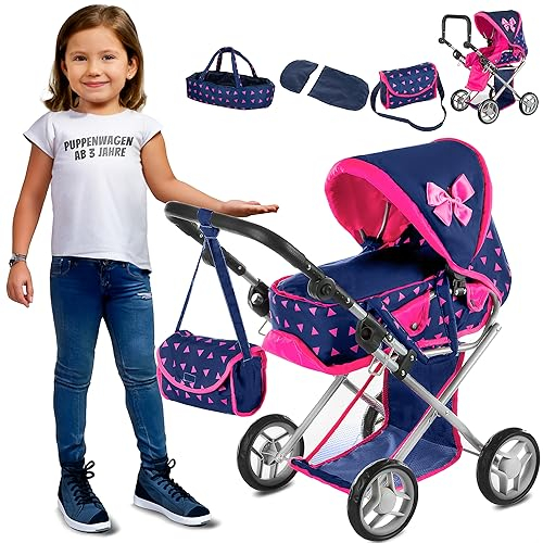 Kinderplay Puppenwagen 3-in-1 – Höhenverstellbarer Kinderwagen für Puppen – Leise Schaumräder, Tragetasche & Umhängetasche – Für Puppen bis 40 cm – Griff 36,5–64 cm