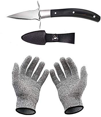 Set con coltello per ostriche e guanti resistenti al taglio, apricostriche, guanti protettivi per conchiglie o formaggi duri. Oyster Knife (cucina, giardinaggio, fai da te) (Nero, Medio)
