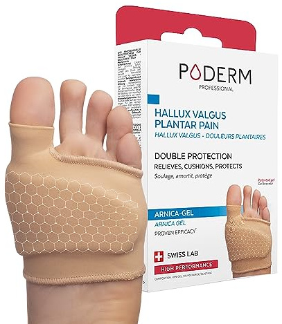 PODERM Hallux Valgus - Dolor Plantar, Doble Protección con Almohadilla, S | Ortesis Podal & Almohadilla Plantar | Gel de Árnica Patentado | Alivia Dolor y Presión | Creado por una Podóloga - Swiss Lab