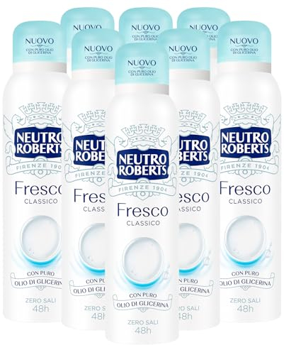 Neutro Roberts Deodorante Spray Fresco Blu Classico Deo 48h Senza Sali di Alluminio per la Naturale Traspirazione della Pelle Formula Senza Polveri Non Lascia Macchie sui Vestiti - 8 Flaconi da 150ml