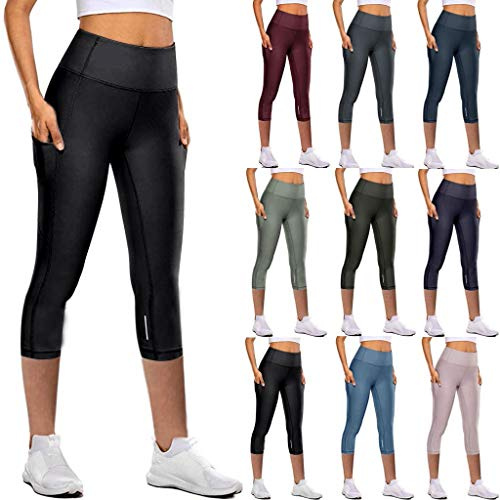 Sport Leggings Damen Tasche Capri 3/4 High Waist Elastische Blickdicht Übergröße Sport Leggins mit Seitentaschen für Yoga Freizeit