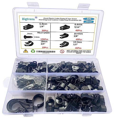Bigtrans 300 Pcs Nylon Plastic R-Type Wire Clips with Screws 1/4 5/16 3/8 1/2 3/4 Clamps Fasteners Assortment for Cable Conduit -5 Size -Black