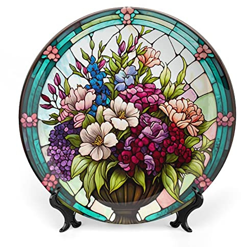 Gokays Decorative Plates, Stained Glass Window Design Flower Bouquets Ceramic Dinner Plate Home Wobble-Plate with Display Stand, Wall Hanging Decor for Living Dining Room Kitchen Household 10 Inch