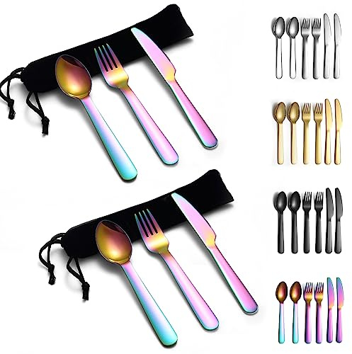 Evanda Rainbow Portable Cutlery Set 2 paquete, incluye cuchara de tenedor de cuchillo, cubiertos de camping de titanio colorido con bolsa, para exteriores, picnic, camping, viaje, lavavajillas seguro