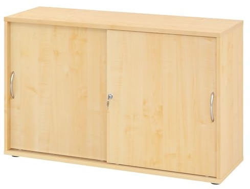 bümö Schiebetürenschrank 2OH - Aktenschrank abschließbar, Sideboard Schrank mit Schiebetüren in Ahorn, Bogengriff - Büroschrank aus Holz mit Schiebetür, Büro Kommode für Ordner & Co.