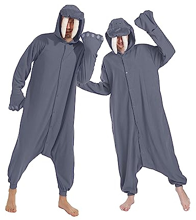 Dodheah Unisex Pijama Morsa Pijama de Adulto Halloween Animal Cosplay Disfraz Navidad Mono de Una Pieza Ropa de Dormir Gris S