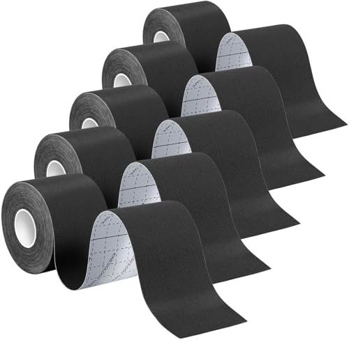 Helterfolg Kinesiologie Tape, Kinesio Tape, wasserdicht, hypoallergen, atmungsaktiv Sport Tape, Muskelunterstützung, 5 m x 5 cm pro Rolle (5 Rollen, Schwarz)