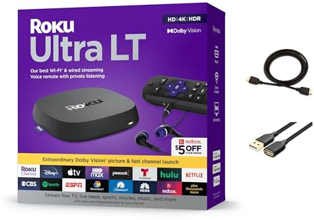 Roku Ultra LT Streaming Device 4K/HDR/Dolby Vision/Dual-Band Wi-Fi with Roku Voice Remote and HDMI Cable, with MTC HDMI Cable and USB Extension Cord
