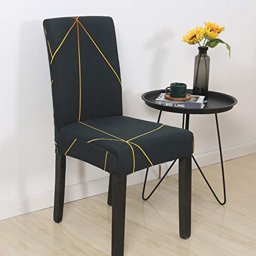 Stuhlhussen 6er Set Grün Und Goldene Linien Stretch Stuhlbezug,Abnehmbare Waschbar Stuhlhussen Schwingstühle, Hussen Für Stühle,Spandex Stuhlbezüge ​Für Hotel, Küche