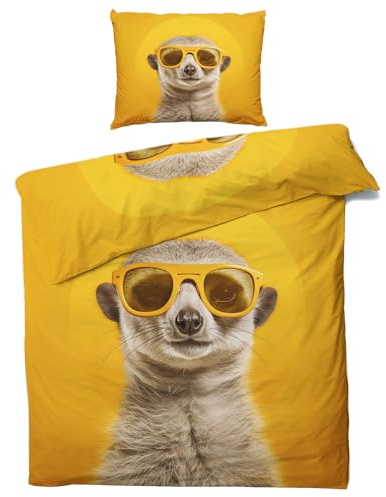 Generisch Bettwäsche 135x200 Erdmännchen - Gelb Bettbezug 2er Set, 110gsm Mikrofaser, Weiche & Kuschelige & Bügelfreie Wendebettwäsche, 1 Kopfkissenbezug 80x80, mit Reißverschluss &3594