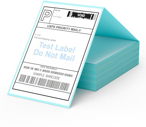 Direct Thermal Shipping Labels - 4x6 Inch Fanfold - Pack of 200 Blue Sticky Labels - BPA&BPS Free White Square