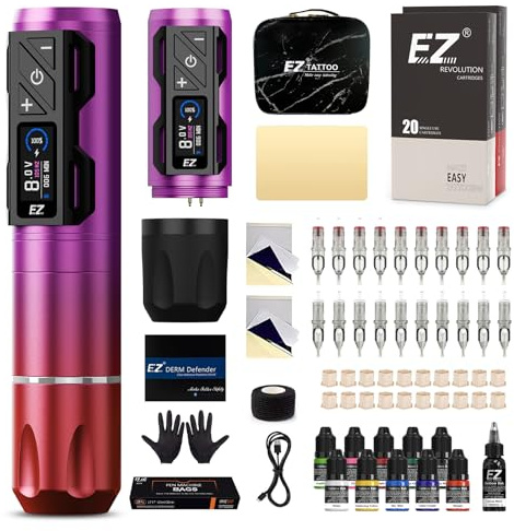 EZ Tattoo Maschinen Set - Tattoo Set mit Kabelloser Tattoo Maschine, 1800mAh Stromversorgung Akku, 20 Stück Tattoo Nadeln and 11 Farben Tinten für Tattoo Anfänger und Künstler (P2S Pro Violett Rosa)