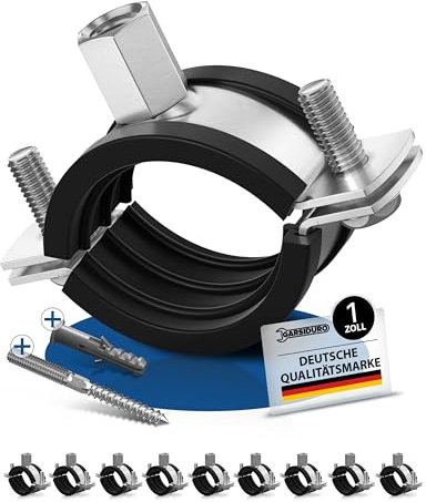 GARSIDURO® Profi Rohrschellen | 1 Zoll (32-36mm) 10 Stück | mit passenden Stockschrauben und Dübeln | Schraubrohrschellen Stahl verzinkt mit Gummieinlage zur Rohrbefestigung und Rohrhalterung | 1