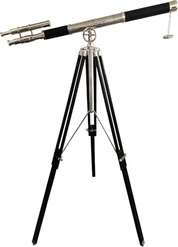 Shiny Nickel Chrome Finish Telescope 65'' Nautical Leather Gifts Sail Boat with Black Wooden Standing Tripod Telescope