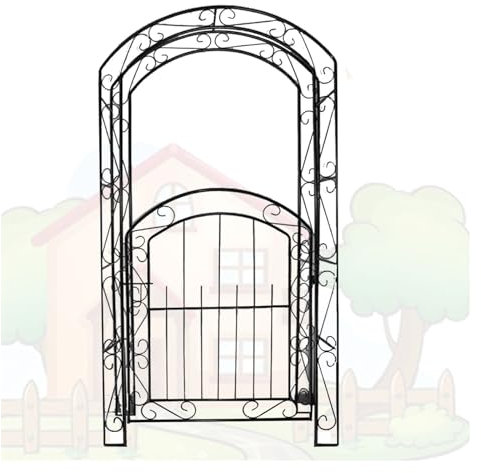 YAEGER Outdoor Garden Arch Arbor Trellis with Gate, Black Metal Climbing Plants Tubular Arbour Trellis Archway Weather-Proof 7' H x 3.7' W