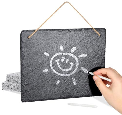 WLWNWFT Schiefertafel zum Beschriften und Aufhängen, Schieferplatte 25 x 20 cm mit Kreide und 2 Schwämmen, wetterfeste Kleine Tafel als Wochenplaner, Einkaufsliste, Küchentafel, ToDo's