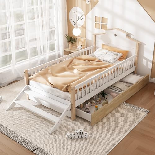 Merax Kinderbett Hausbett 90x200cm, halbhohes Bett für Kinder mit 2 Schubladen & kleine Treppe & Gitter, Kleinkindbetten Bettgestell mit Rausfallschutz & Lattenrost, Jugendbett Kiefer+MDF, Weiß+Natur