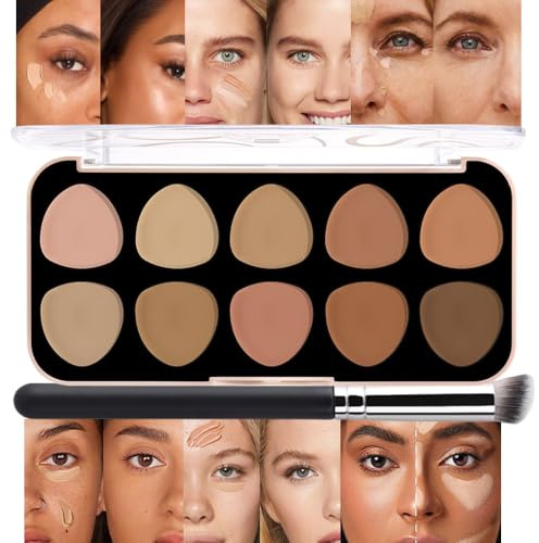 evpct 10 Colors Concealers Full Coverage Cream Contour Palette with Brush for Older Women, Under Eye Color Corrector Tri Color Pot Concealer Palette for Dark Circles Mature Skin Makeup, Waterproof, C2