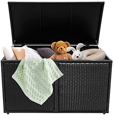 GIANTEX Auflagenbox, Rattan Gartenschrank mit 2 Ebenen, Deckel & 2 Türen, 335 L Gartenbox, 60 x 115 x 65 cm Aufbewahrungsbox Outdoor (Schwarz)