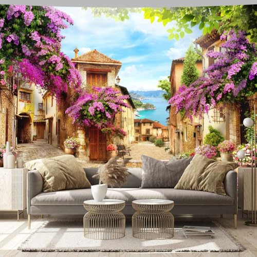 Arsey Mediterraner Wandteppich Blühende Bougainvillea Straßenszene wandtuch, Küstenstadt Natur Landschaft boho schöne wandteppiche Café Restaurant Wohnzimmer Hintergrund Deko, 300 x 180 cm