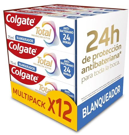 Colgate Total Prevención Activa Blanqueador Pasta de Dientes Pack 12 x 75ml | Combate las causas principales* de los problemas de salud bucodental | 24h de Protección antibacteriana¹