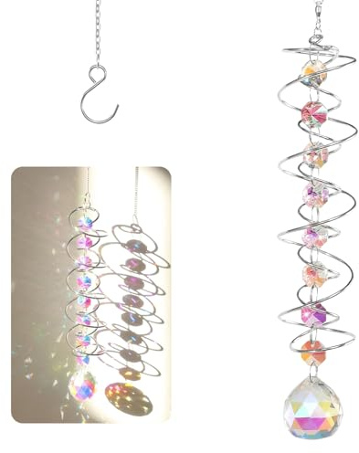LUMOOM Sonnenfänger Kristall, Fensterdeko Hängend Doppelspirale mit Sieben Chakra Perlen, Edelstahl Kugel Spiralschwanz Design, Regenbogen Kristal, für Gartendekoration im Freien (Rosa)