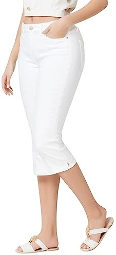 EQWIGKEIT Pantalones de mujer de 3/4, vaqueros de tres cuartos, capri con bolsillos, de cintura alta, denim de verano, 7/8, skinny, ligeros, leggings, vaqueros cortos, Blanco, L