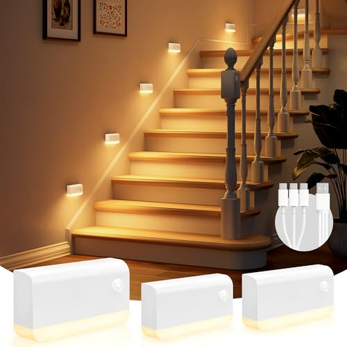 VOLISUN Stair Lights Motion Sensor Indoor, 3 Pack Rechargeable LED Stair Lights, White