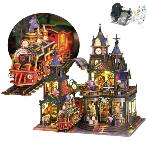 TOPBSFARNY Maison de poupée miniature en bois - Design train miniature - Kit de construction de villa 3D - Cadeau créatif pour amis parents (sans housse anti-poussière)