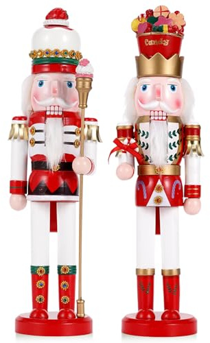 Tpudn Lot de 2 casse-noisettes géants de 38 cm avec sucre d'orge et glace - Figurine de collection en bois - Décoration de Noël créative pour la maison, les fêtes ou comme cadeau