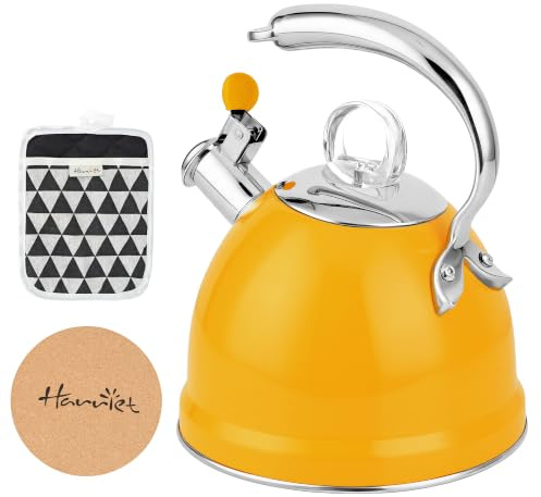 Harriet Tea Kettle Stovetop, 2.5 QT Whistling Stainless Steel Teapot, 3-Layer Base, Unique Ergonomic Handle, Includes Pot Holder & Mat, Electric/Induction/Gas Stovetops Applicable, Yellow