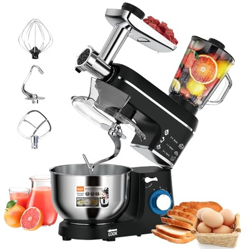 3 en 1 Robot PâTissier 1400w - AV. Hachoir à Viande, Mixeur Bol 10l, Cutter, Accessoires,pour Vinaigrettes, GlaçAges, Meringues Et Plus Encore(Noir)