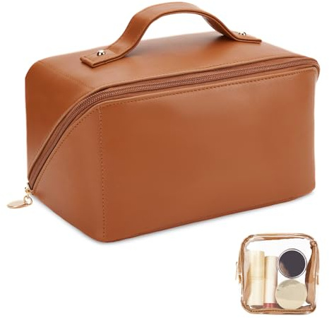 2 Pcs Travel Makeup Bag, Large Brown Cosmetic Bags for Women, Waterproof Portable Pouch Open Flat Make up Organizer Bag with Compartments Handle, Compact Toiletry Skincare Bag for Essentials