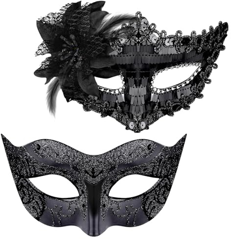 XIABYAYU Venezianische Maske, 2 Stück Augenmaske Fasching, Schwarz, Verstellbare Maskerade Maske für Erwachsene Karneval, Halloween, Cosplay Party