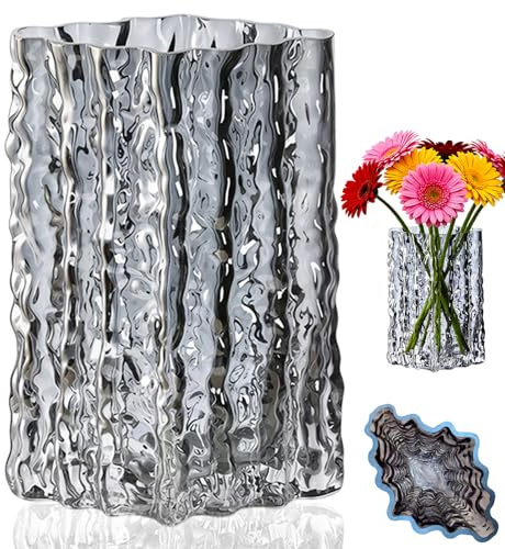 Gray Glass Vase for Flowers, Crystal Vase with Modern Glacier-Patterned