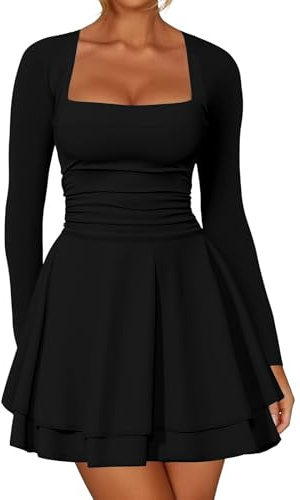 zoogobee Women's Square Neck Ruffle Hem Mini Dress Ruched Waist Long Sleeve Corset Short Party Dresses