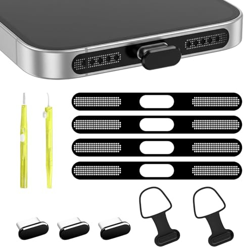 11pcs Kit de limpieza de teléfono compatible con iPhone 17Pro Max/16Pro Max/15 Pro Max, Tapas antipolvo para puerto de carga USB C y altavoz, herramientas de limpieza, accesorios para teléfono (Negra)