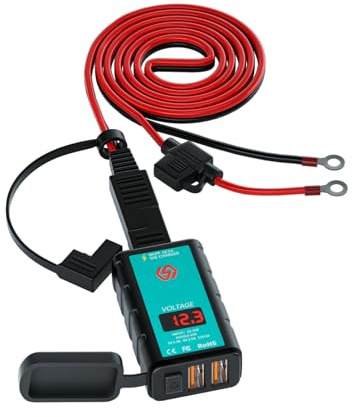 Dioche Cargador USB para Motocicleta Cargador USB para Motocicleta - Carga Rápida Dual 3.0 con Voltímetro - Cable de Extensión OT de 1,4 M para Automóviles, Motocicletas, SUV y Barcos DC12-24 V