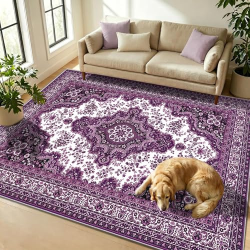 WUTONG Teppich 80x150 cm Waschbar,Lila Vintage Läufer Kurzflor Teppich,rutschfest & Weich,Orientalisches Design aus Kaschmir-Imitat für Eingang & Büro